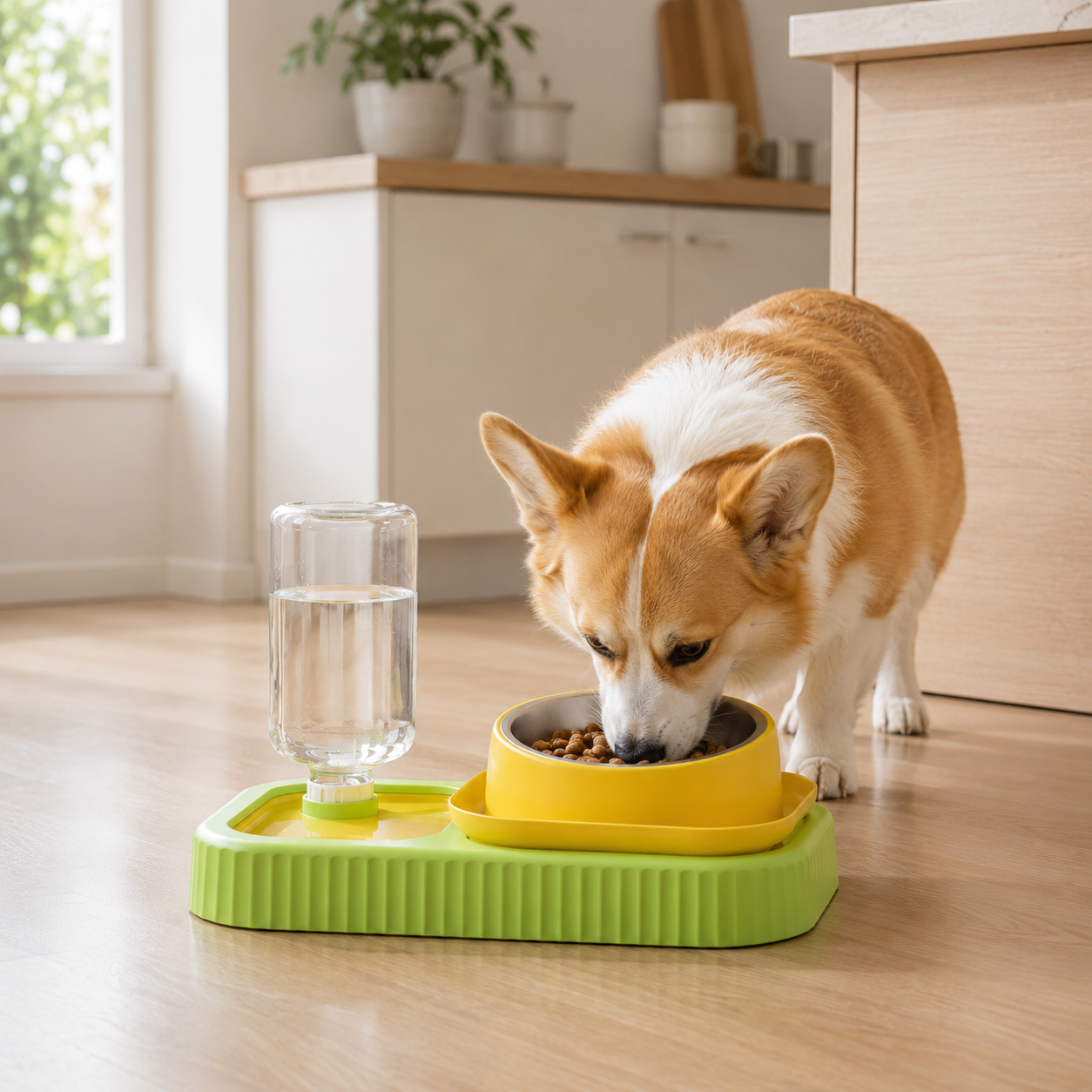 Elevated Pet Feeding Station with Water Dispenser - Green