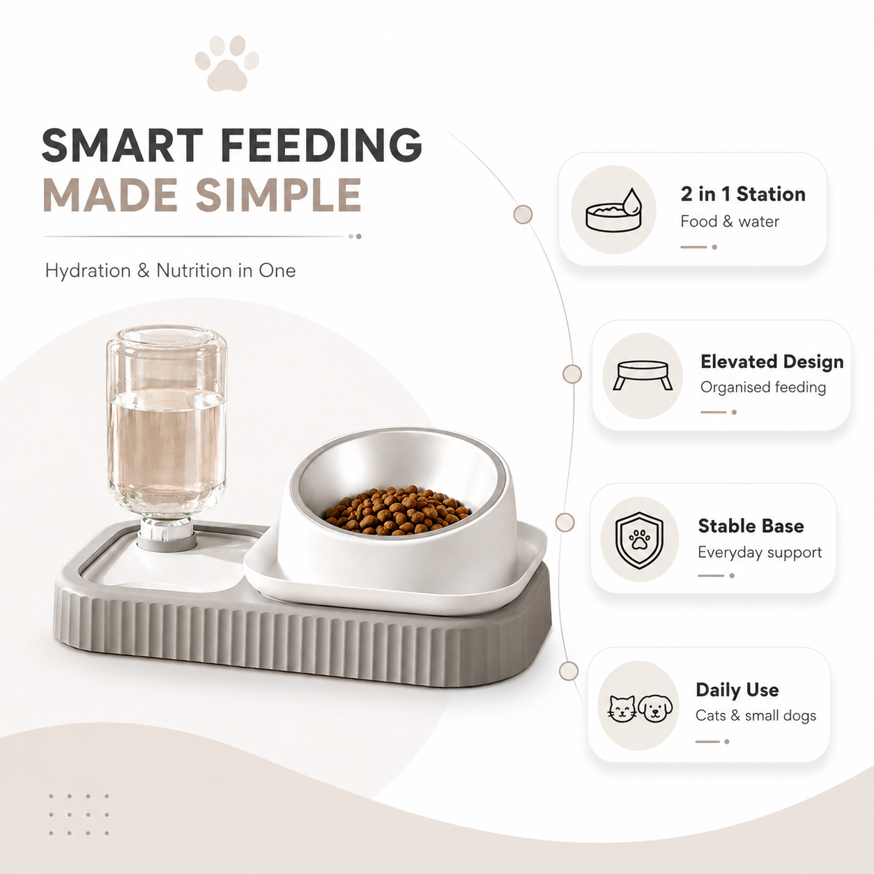 Elevated Pet Feeding Station with Water Dispenser - Grey