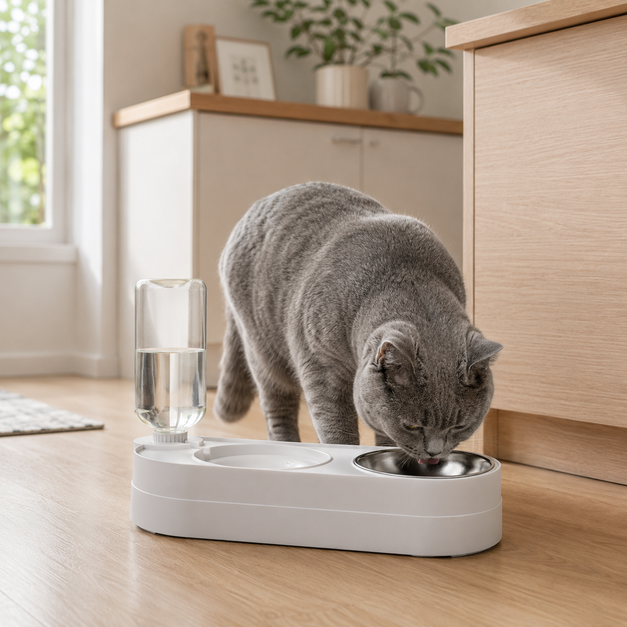 Cat Feeding Station with Automatic Water Dispenser - White