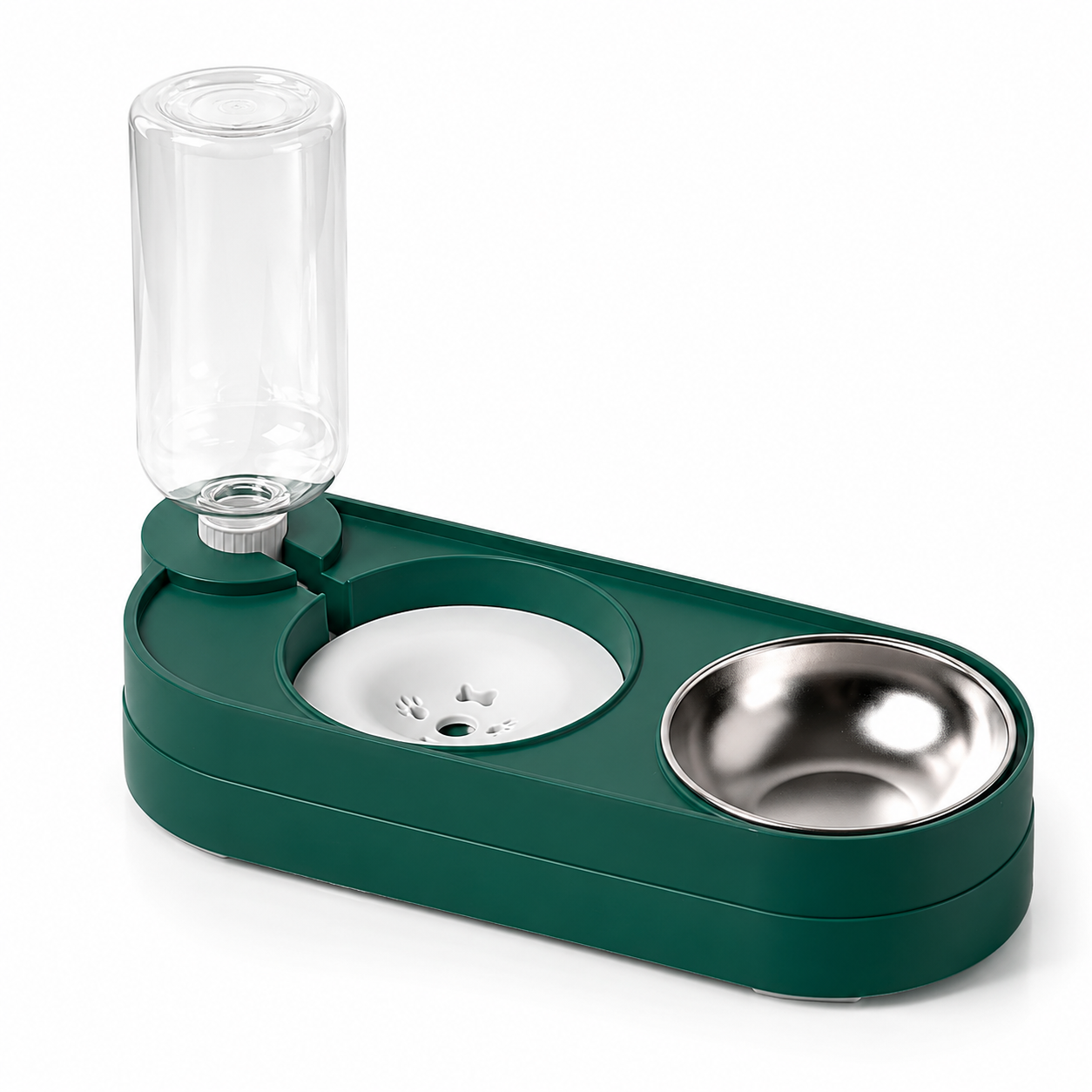 Cat Feeding Station with Automatic Drinking Dispenser - Green