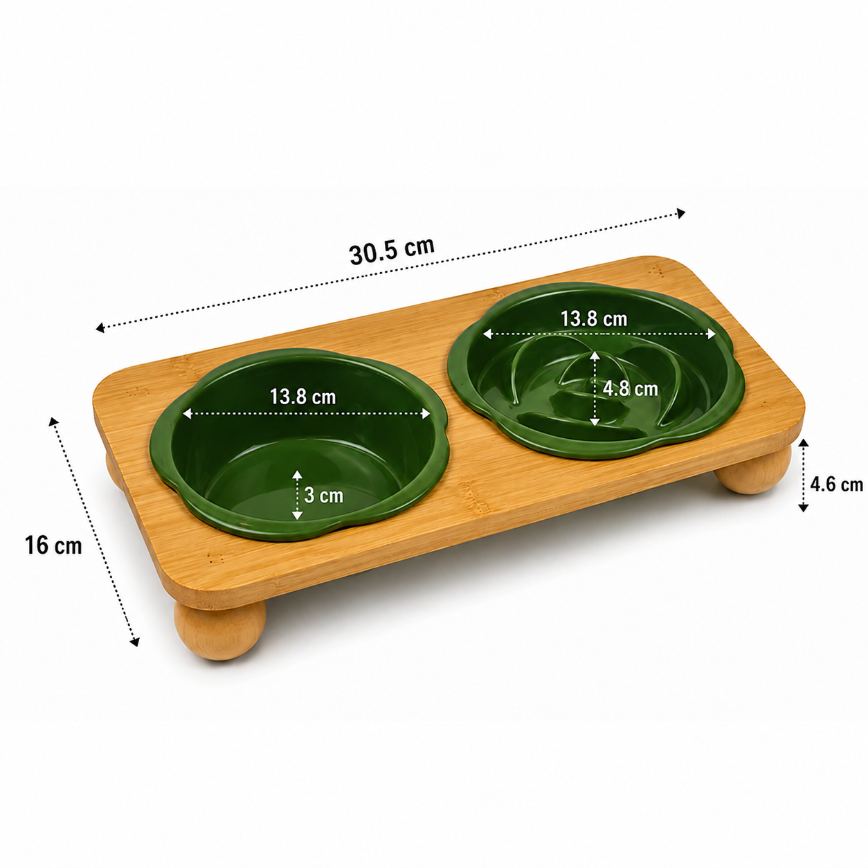 Ceramic Floral Cat Slow Feeder and Water Bowl Set - Green
