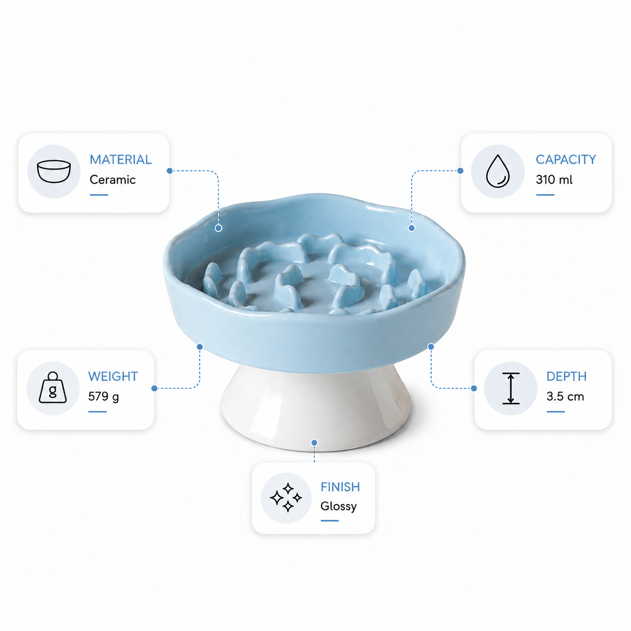 Ceramic Elevated Pet Slow Feeder Bowl for Cats and Small Dogs - Blue