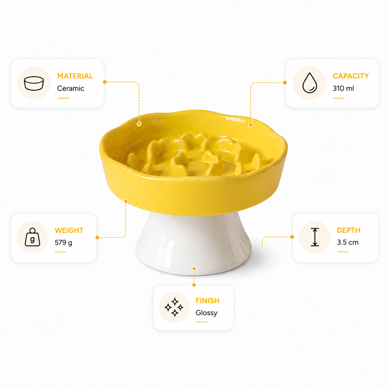 Ceramic Elevated Pet Slow Feeder Bowl for Cats and Small Dogs - Yellow