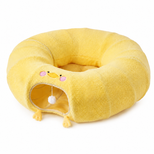 2-in-1 Foldable Cat Tunnel Bed with Detachable Cushion - Yellow