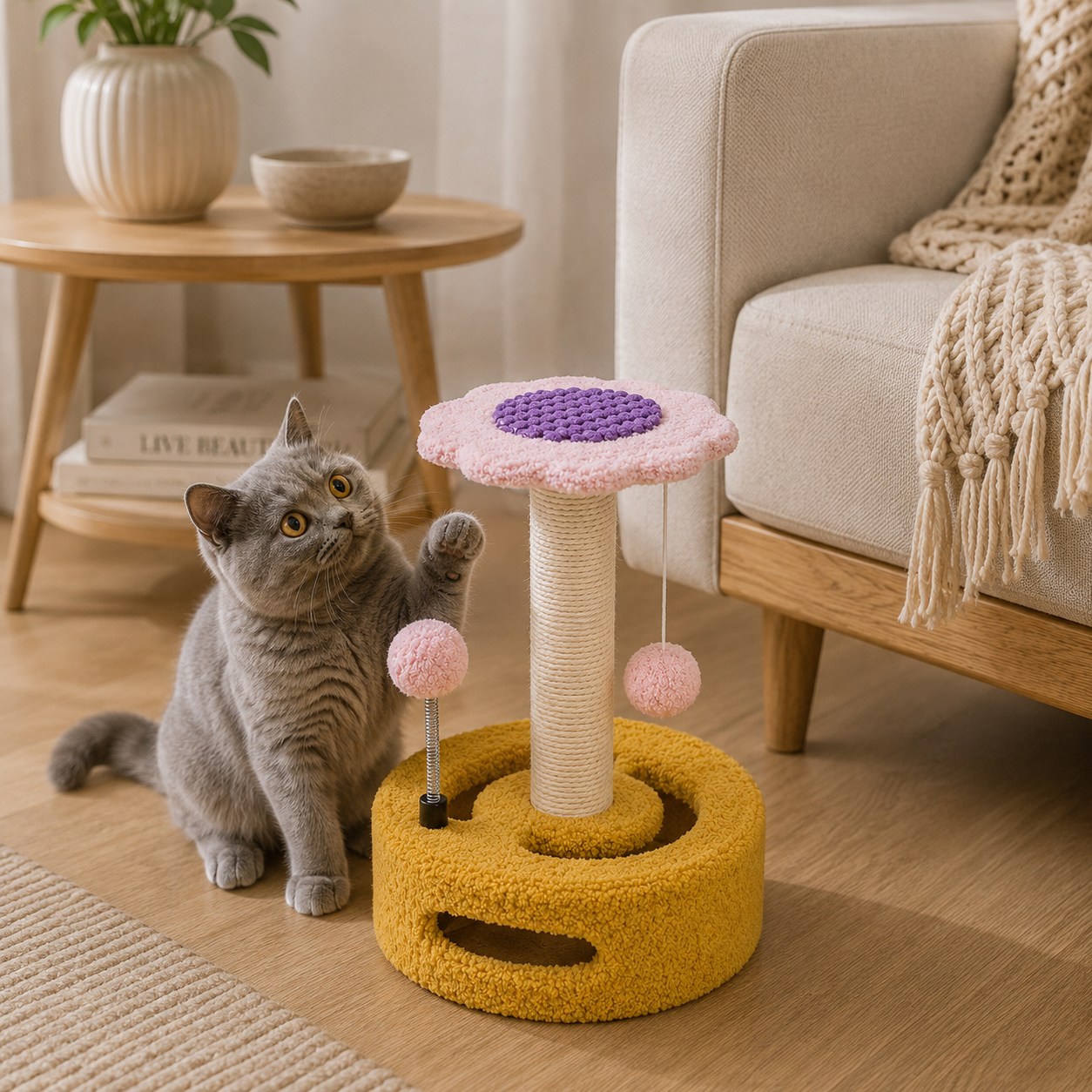Sunflower Cat Scratching Post with Plush Toys