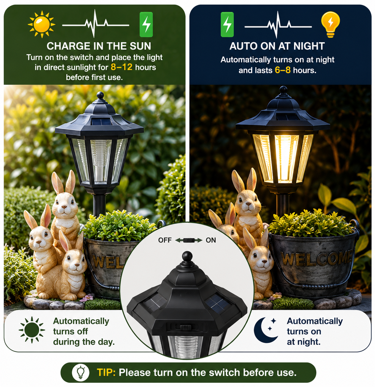 Solar Rabbit Flower Pot Garden Ornament with LED Light