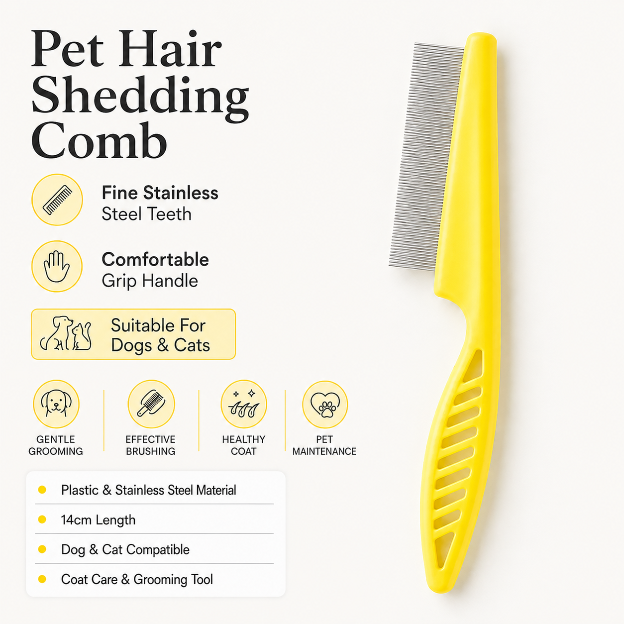 Pet Hair Shedding Comb Stainless Steel Flea Comb for Cats and Dogs - Yellow