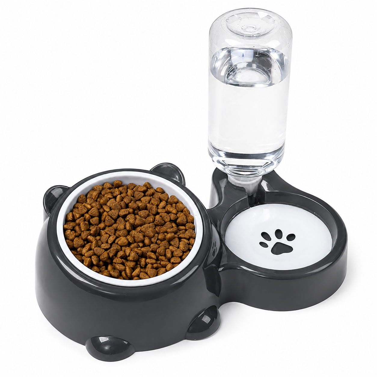 Elevated Pet Feeding Station with Auto Water Dispenser and Stainless Steel Food Bowl - Grey