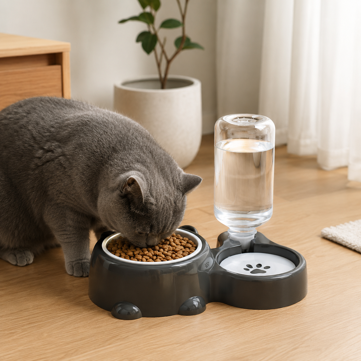 Elevated Pet Feeding Station with Auto Water Dispenser and Stainless Steel Food Bowl - Grey