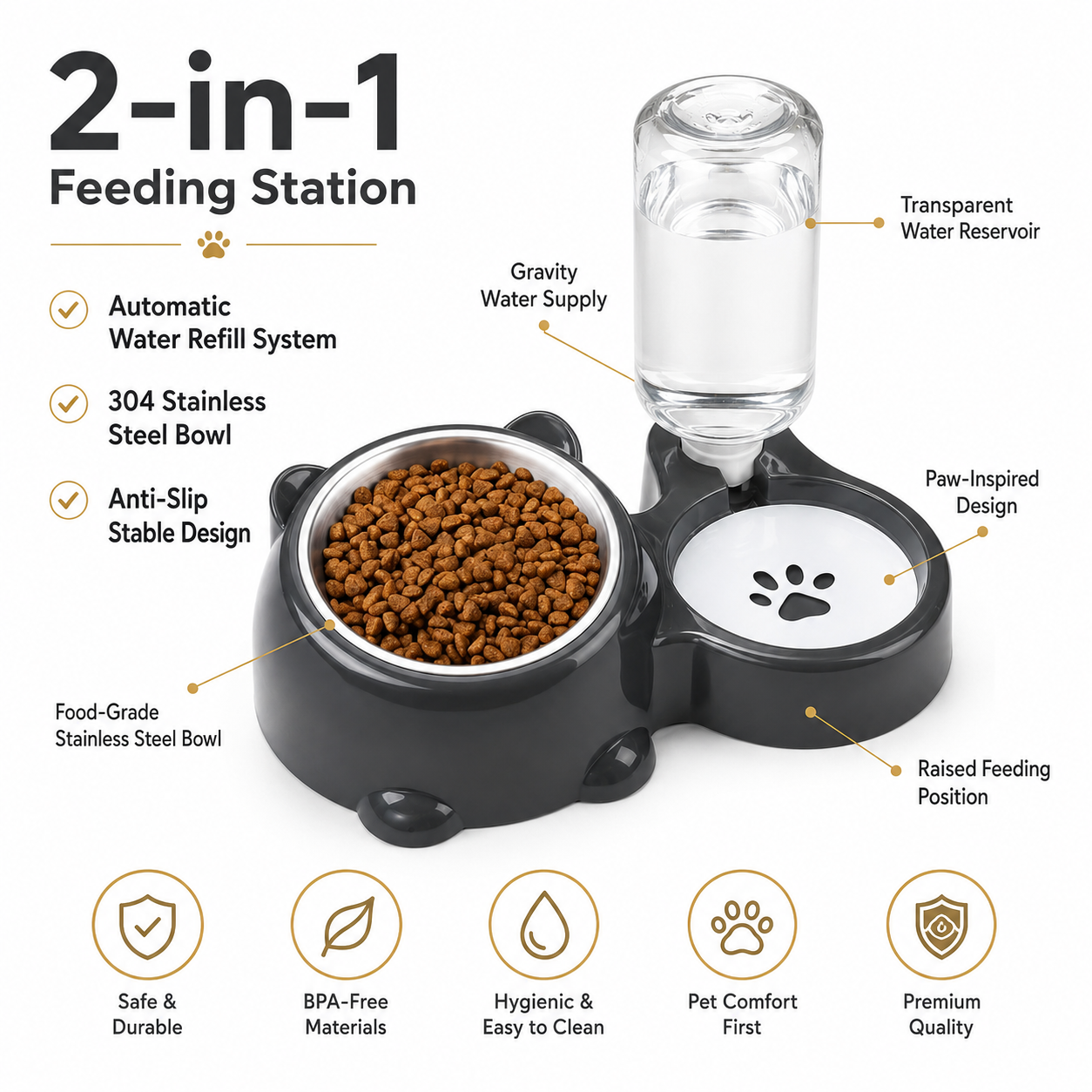 Elevated Pet Feeding Station with Auto Water Dispenser and Stainless Steel Food Bowl - Grey