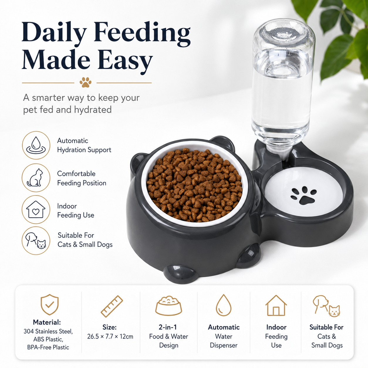 Elevated Pet Feeding Station with Auto Water Dispenser and Stainless Steel Food Bowl - Grey