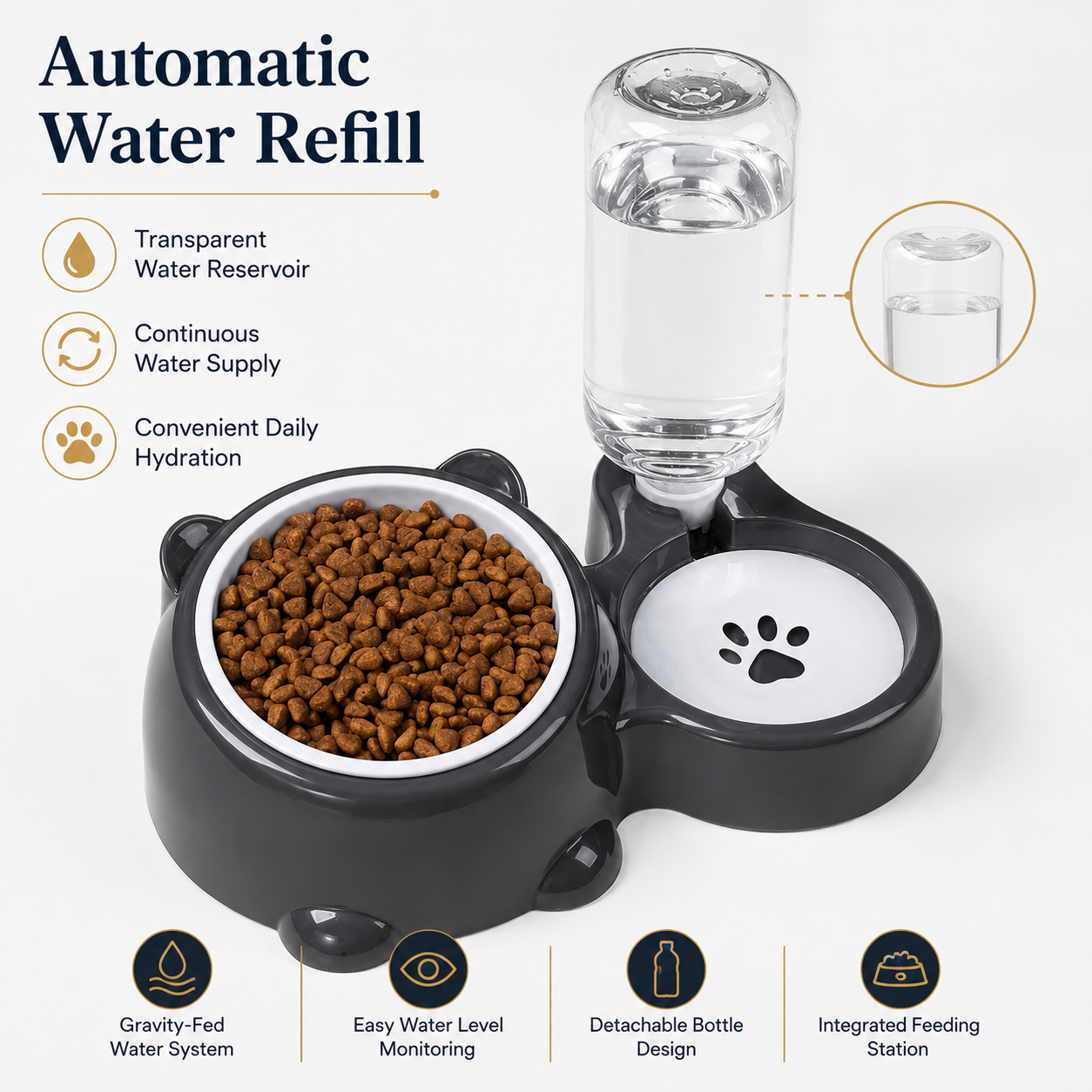 Elevated Pet Feeding Station with Auto Water Dispenser and Stainless Steel Food Bowl - Grey