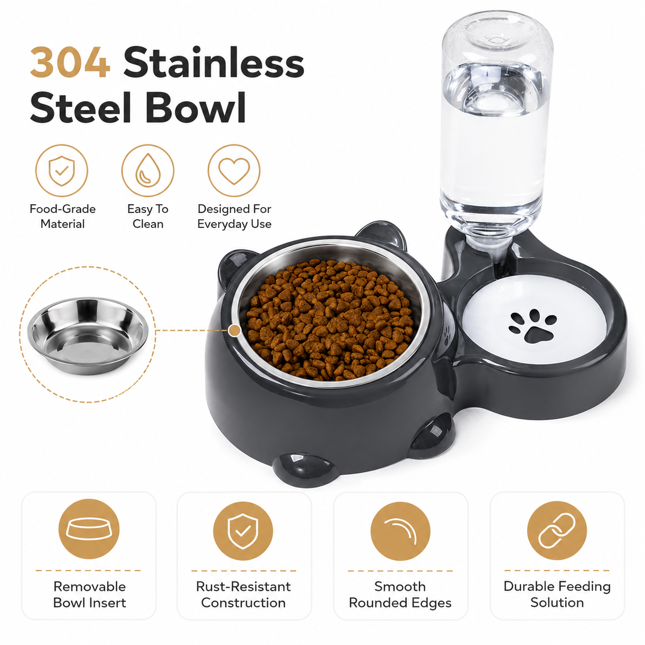 Elevated Pet Feeding Station with Auto Water Dispenser and Stainless Steel Food Bowl - Grey