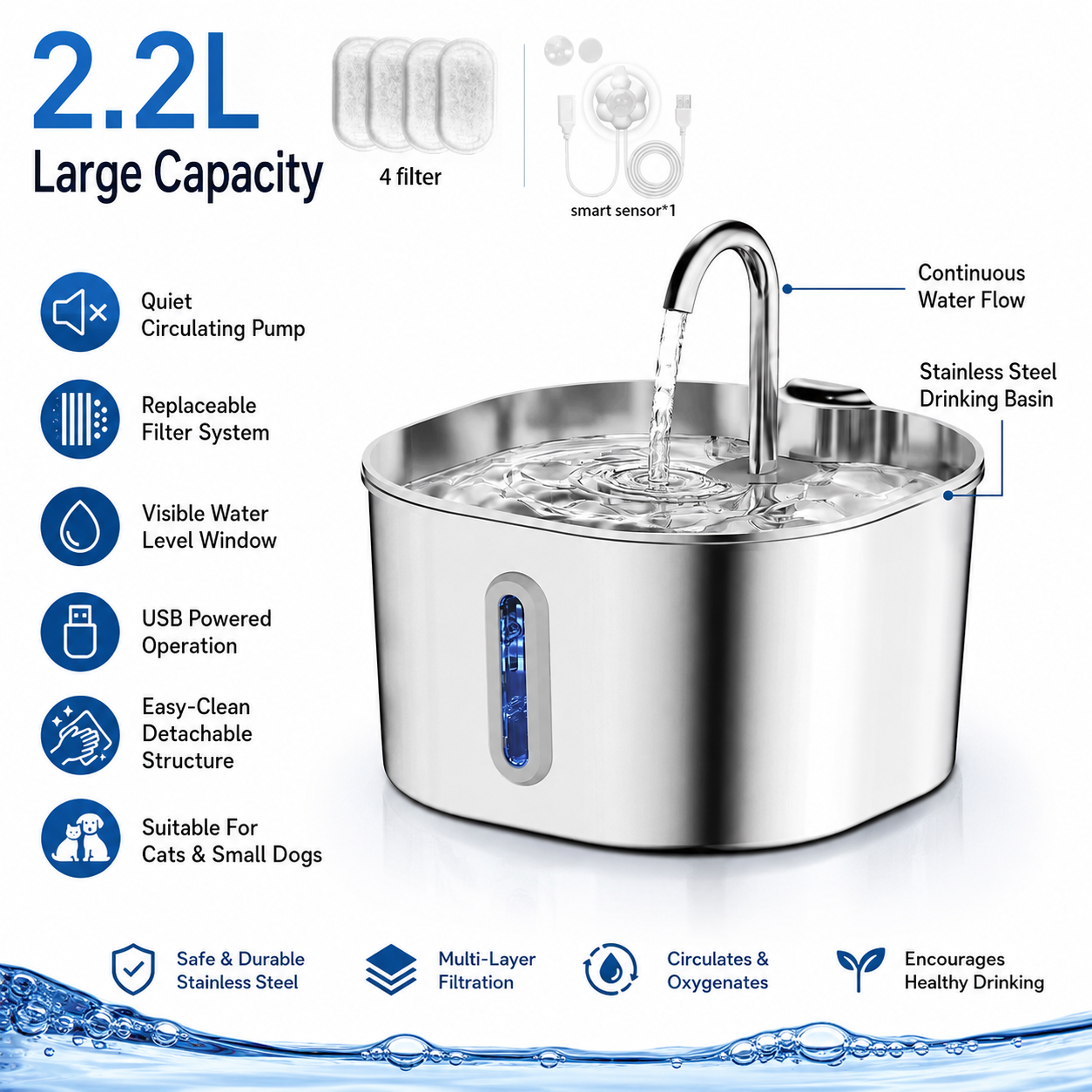 Automatic 2.2L Pet Water Fountain with Circulating Filter for Cats and Small Dogs
