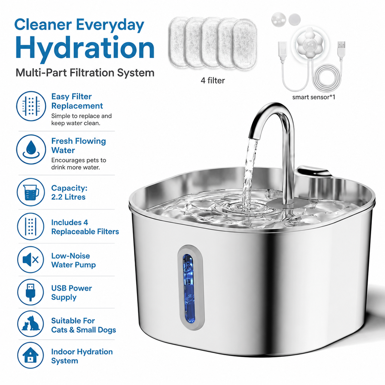 Automatic 2.2L Pet Water Fountain with Circulating Filter for Cats and Small Dogs