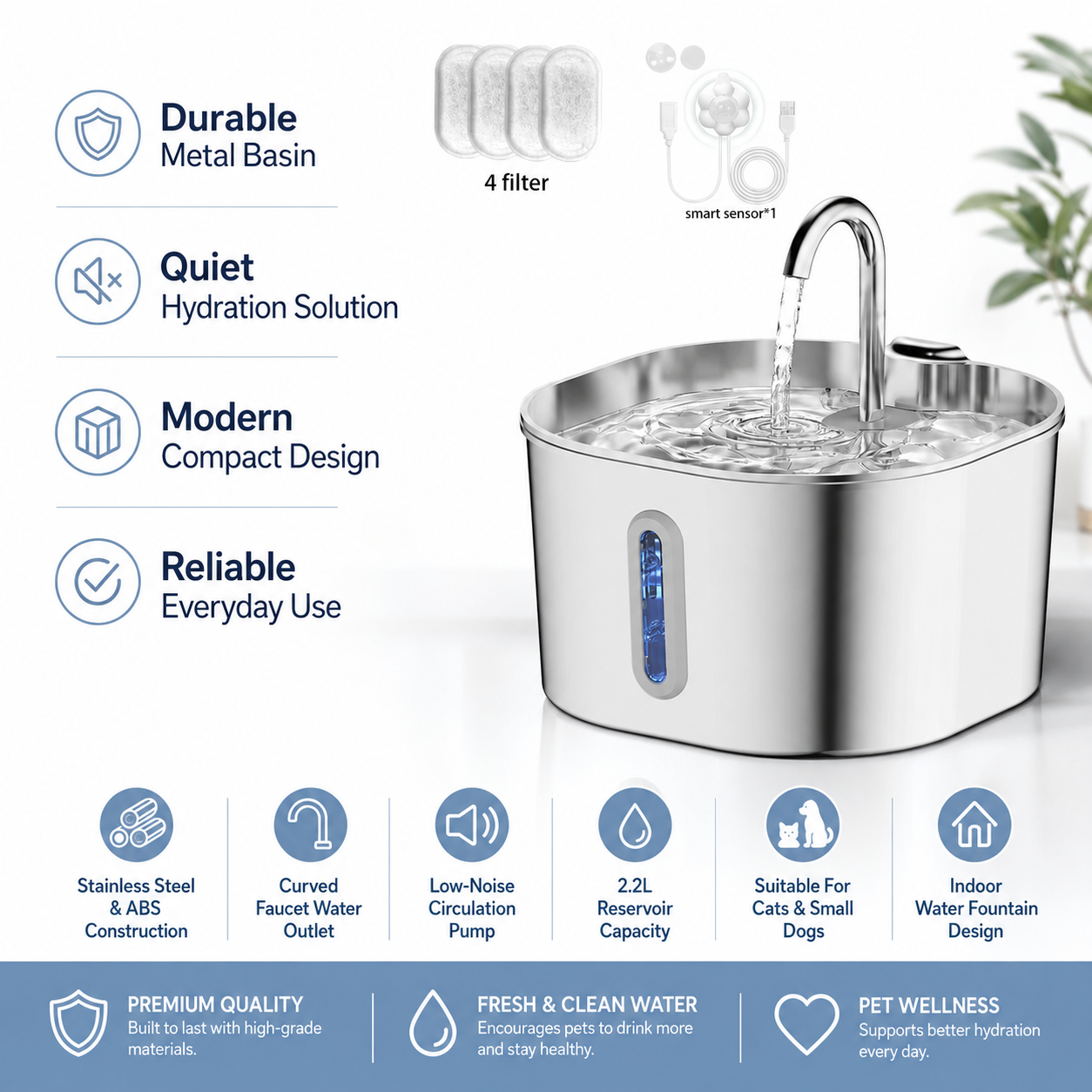 Automatic 2.2L Pet Water Fountain with Circulating Filter for Cats and Small Dogs