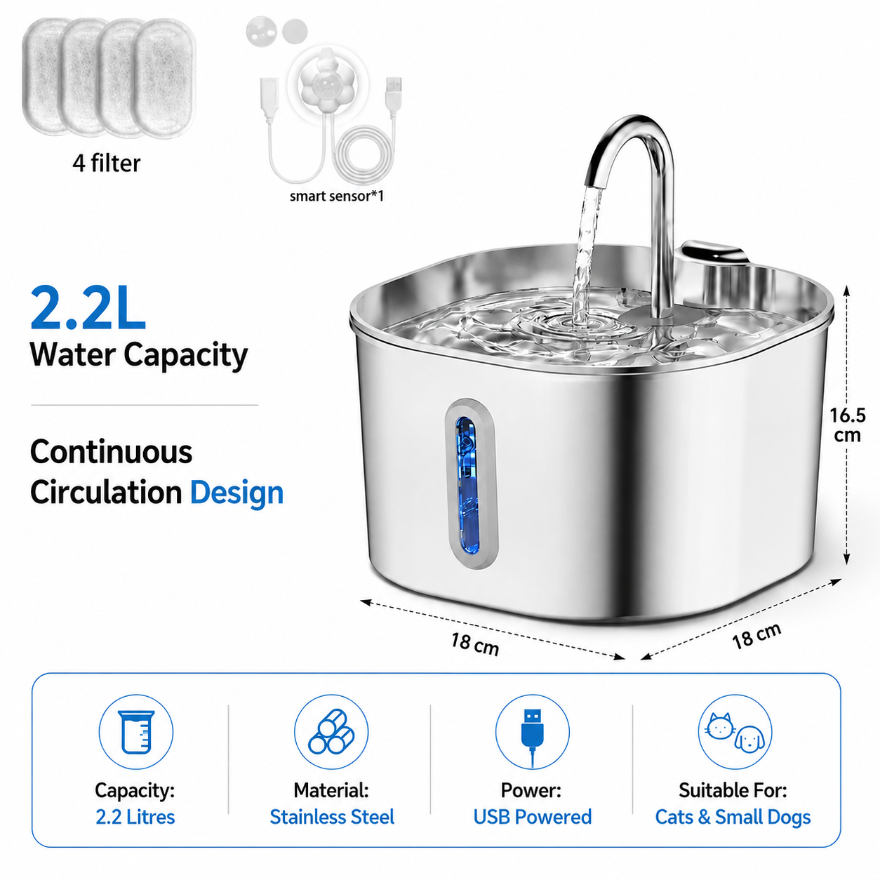 Automatic 2.2L Pet Water Fountain with Circulating Filter for Cats and Small Dogs
