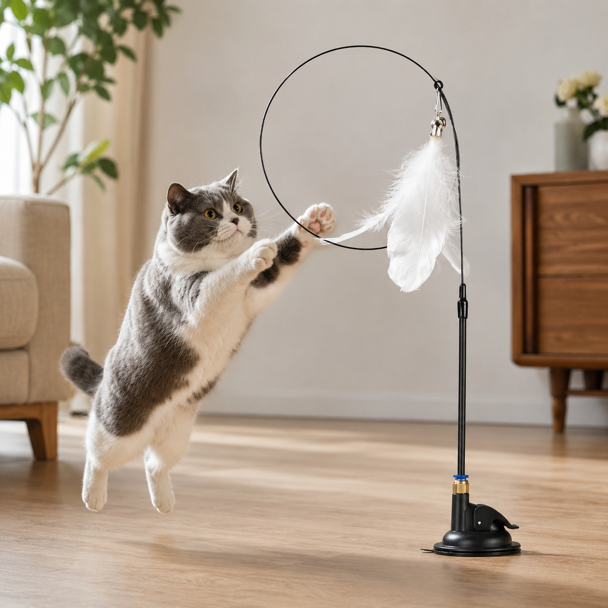Multi-Function Cat Teaser Pole with Suction Cup and Elastic Feather Wand - White
