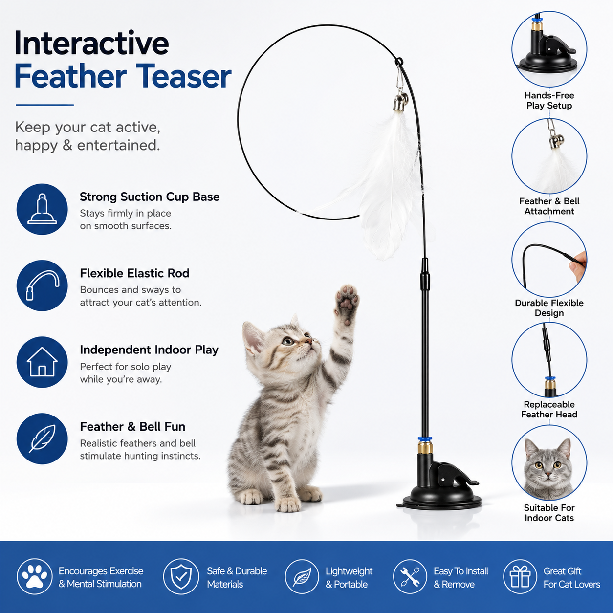 Multi-Function Cat Teaser Pole with Suction Cup and Elastic Feather Wand - White