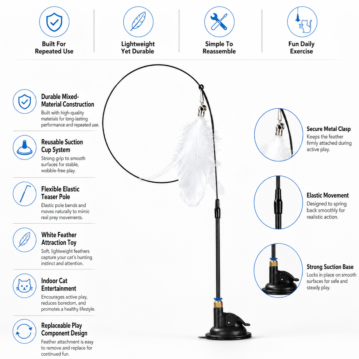 Multi-Function Cat Teaser Pole with Suction Cup and Elastic Feather Wand - White