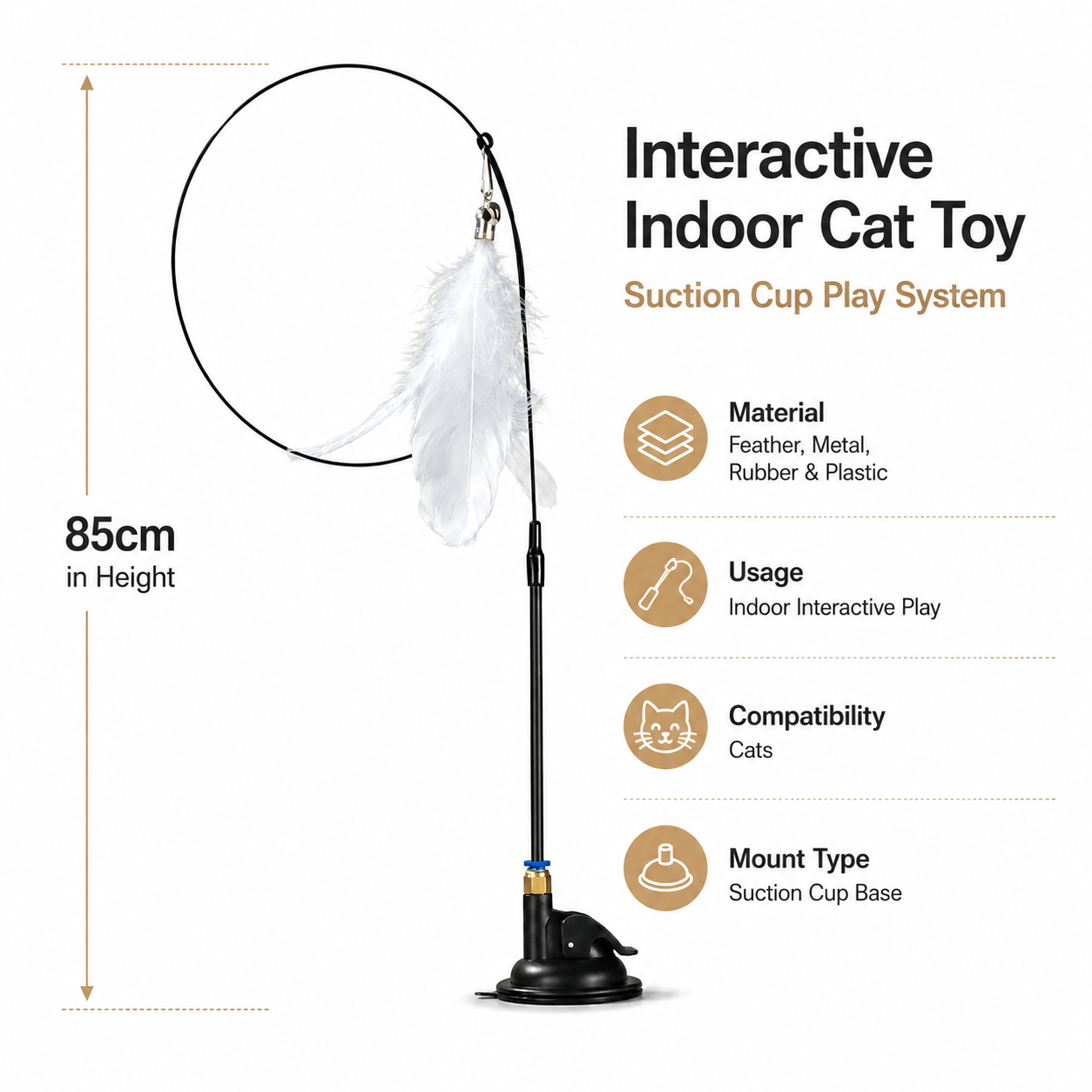Multi-Function Cat Teaser Pole with Suction Cup and Elastic Feather Wand - White