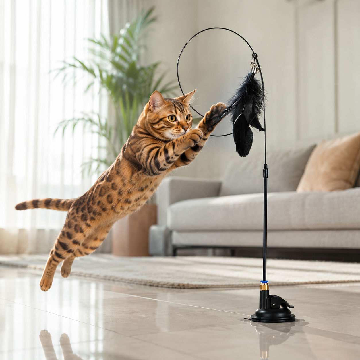 Interactive Cat Feather Teaser Wand with Suction Cup Base and Bell Attachment - Black