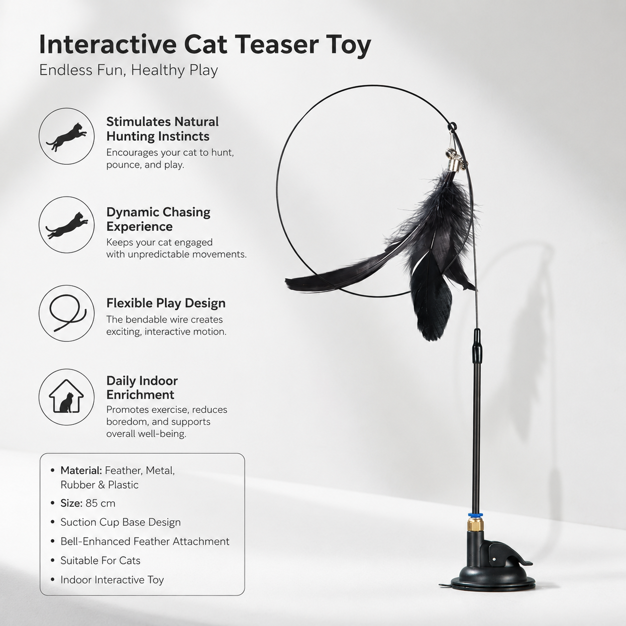 Interactive Cat Feather Teaser Wand with Suction Cup Base and Bell Attachment - Black
