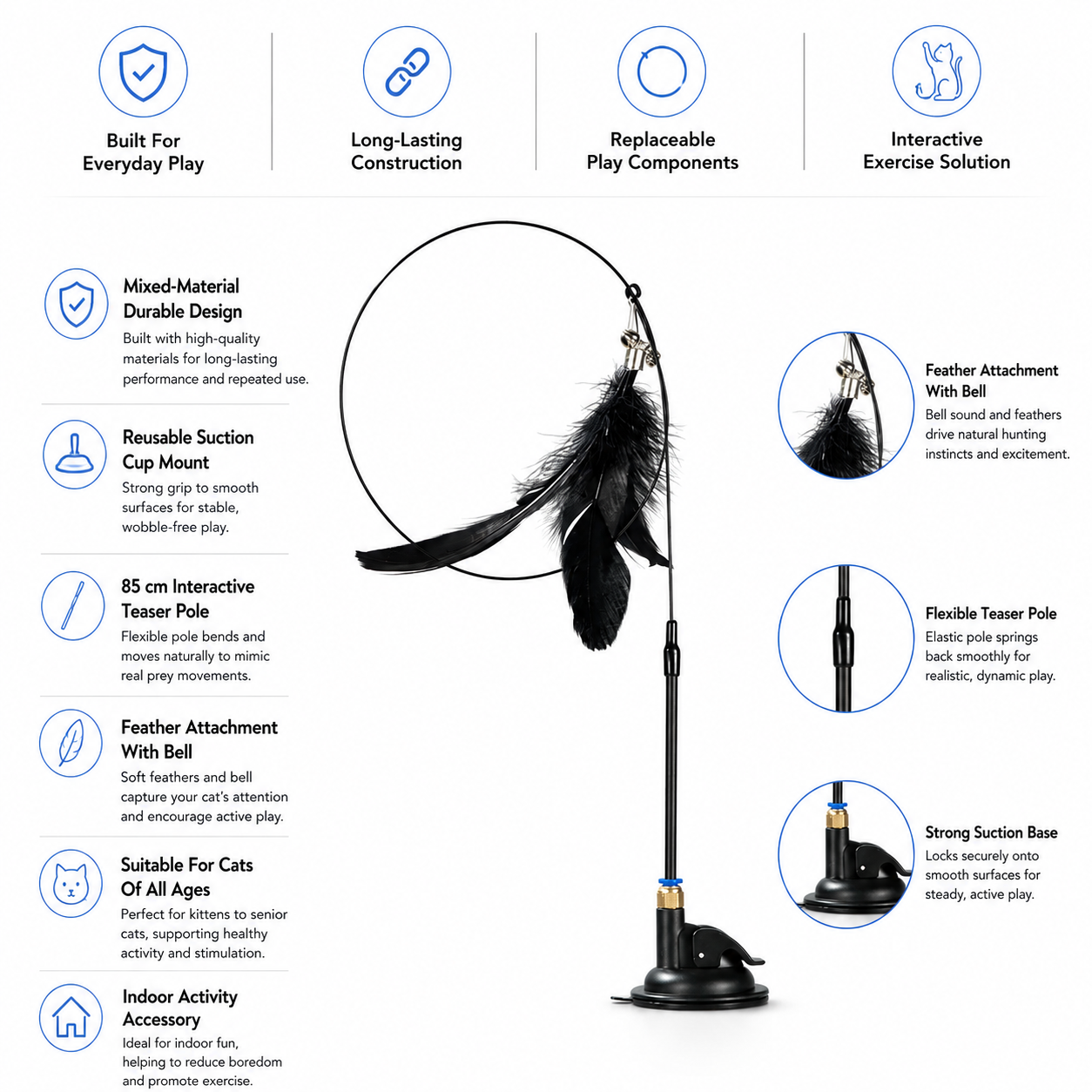 Interactive Cat Feather Teaser Wand with Suction Cup Base and Bell Attachment - Black