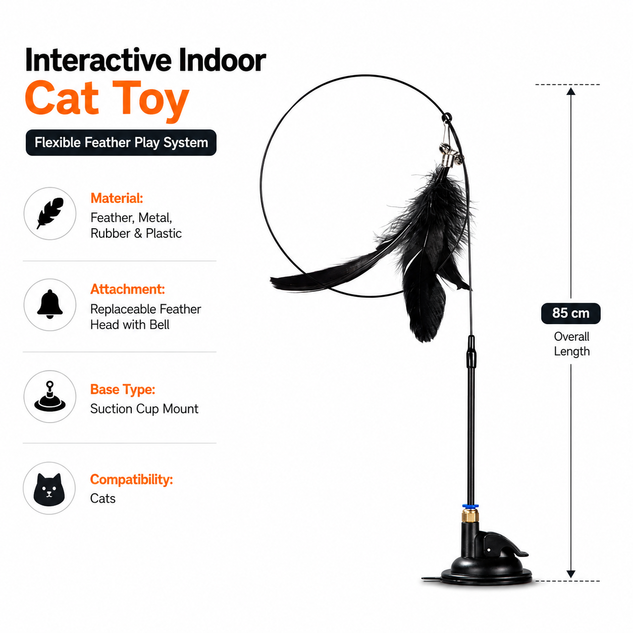 Interactive Cat Feather Teaser Wand with Suction Cup Base and Bell Attachment - Black