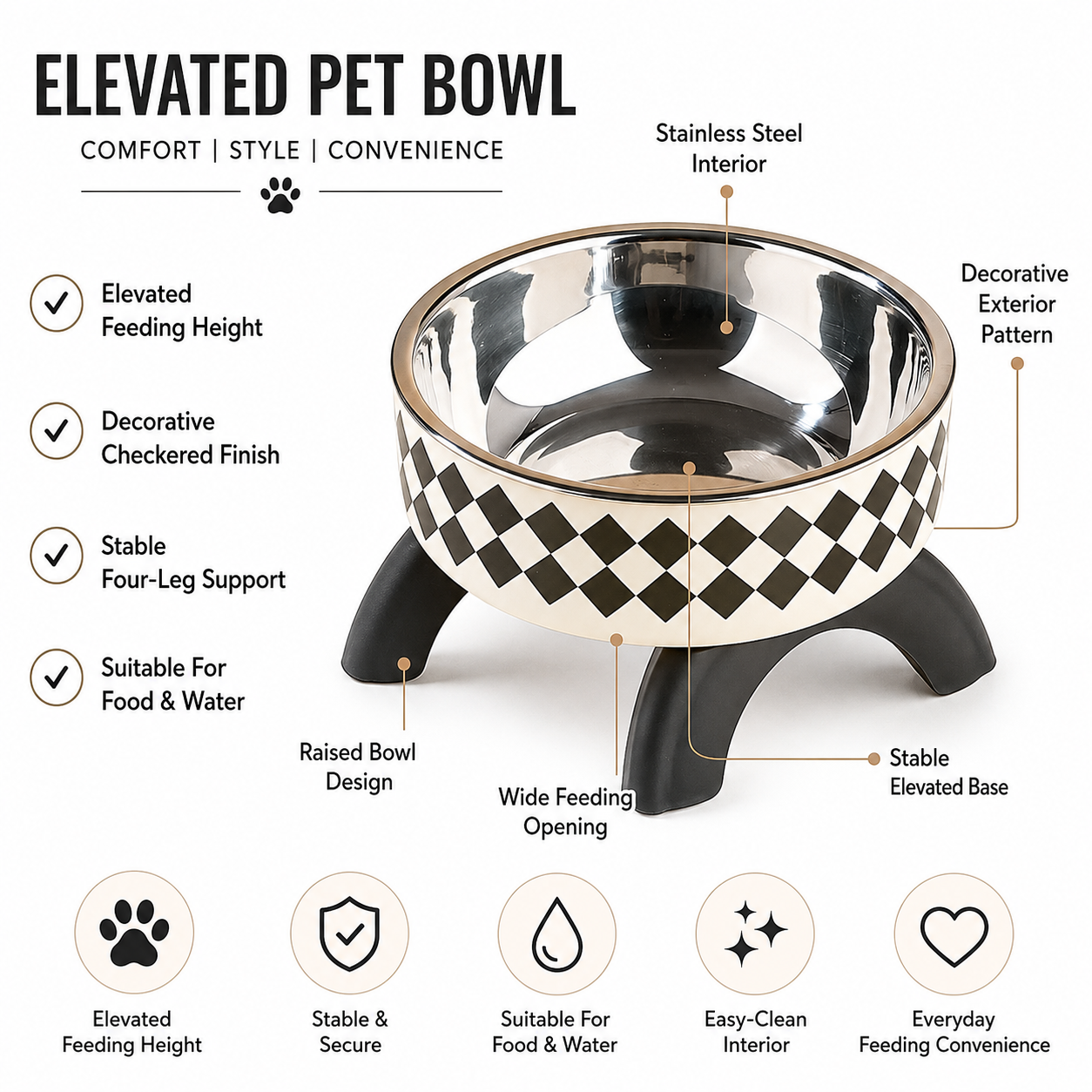 Rounded Stainless Steel Pet Food and Water Bowl for Cats and Small Dogs