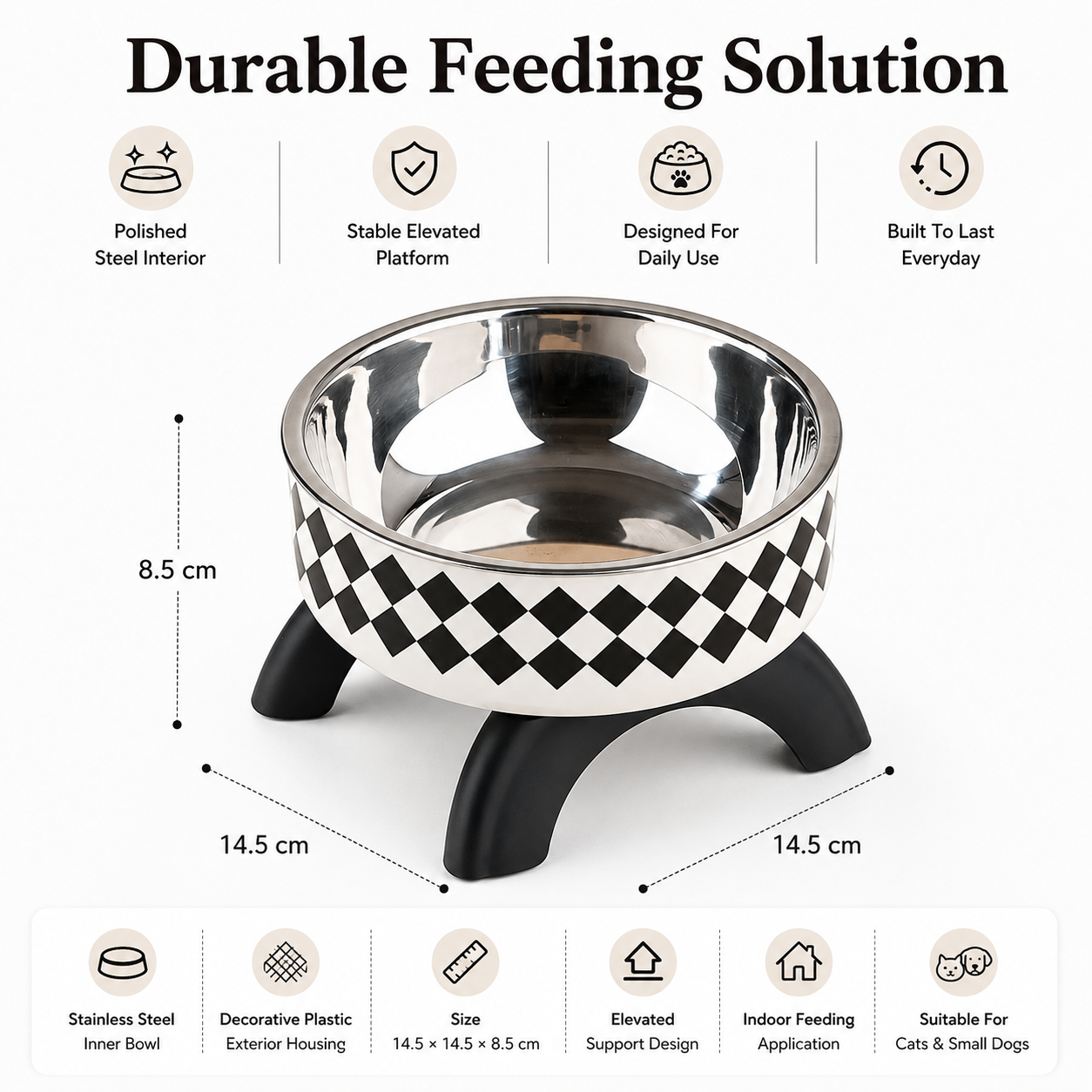 Rounded Stainless Steel Pet Food and Water Bowl for Cats and Small Dogs