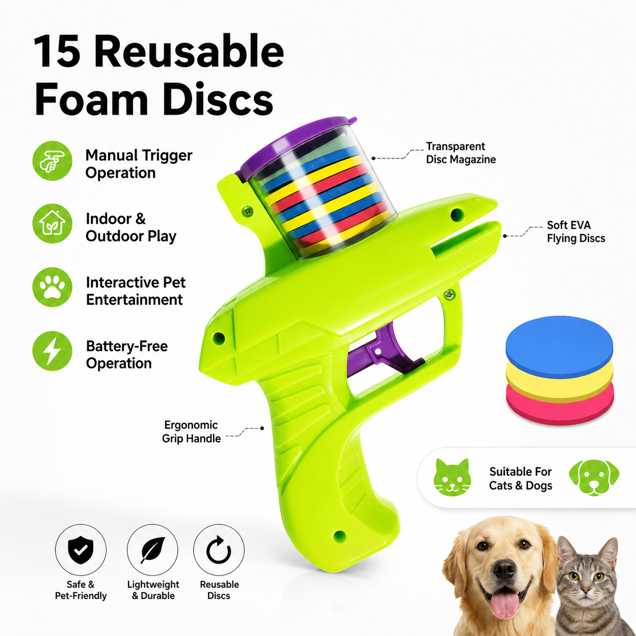 Interactive Turnip Disc Launcher Pet Toy with 15 Reusable Foam Flying Discs for Cats and Dogs - Green