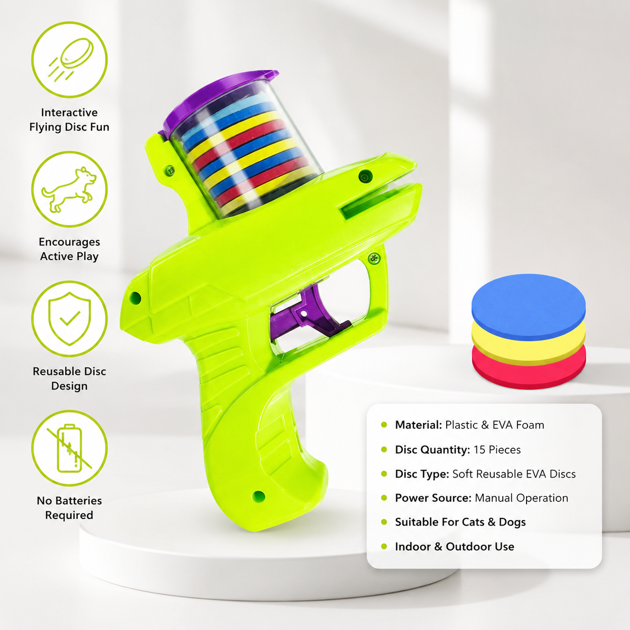 Interactive Turnip Disc Launcher Pet Toy with 15 Reusable Foam Flying Discs for Cats and Dogs - Green
