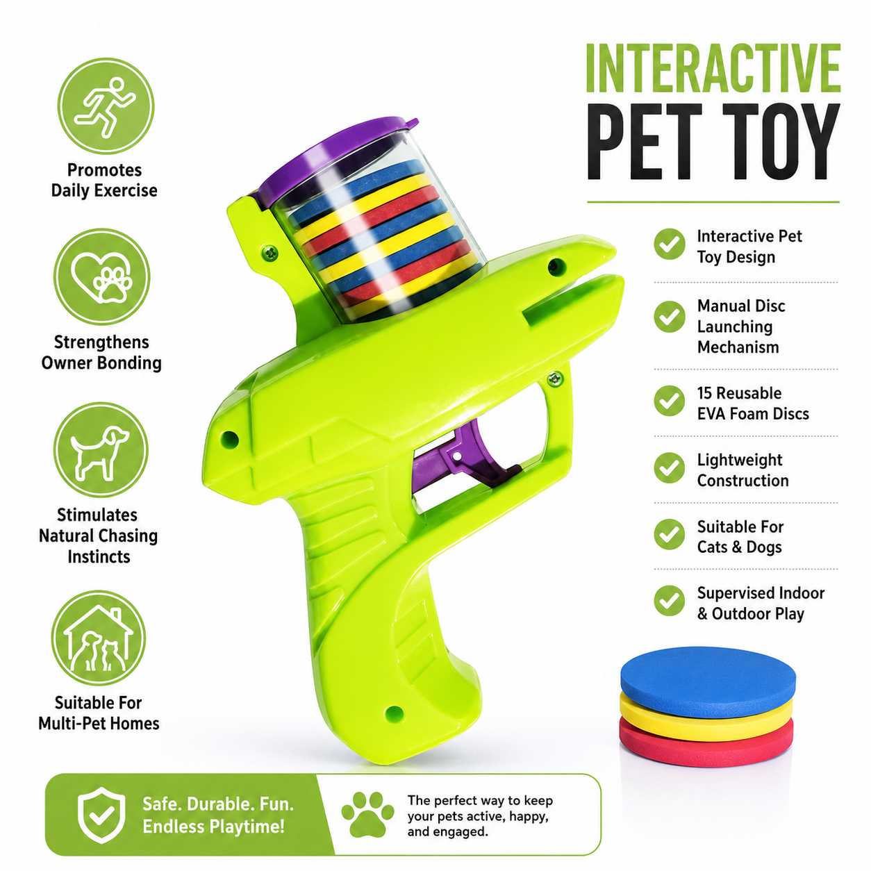 Interactive Turnip Disc Launcher Pet Toy with 15 Reusable Foam Flying Discs for Cats and Dogs - Green