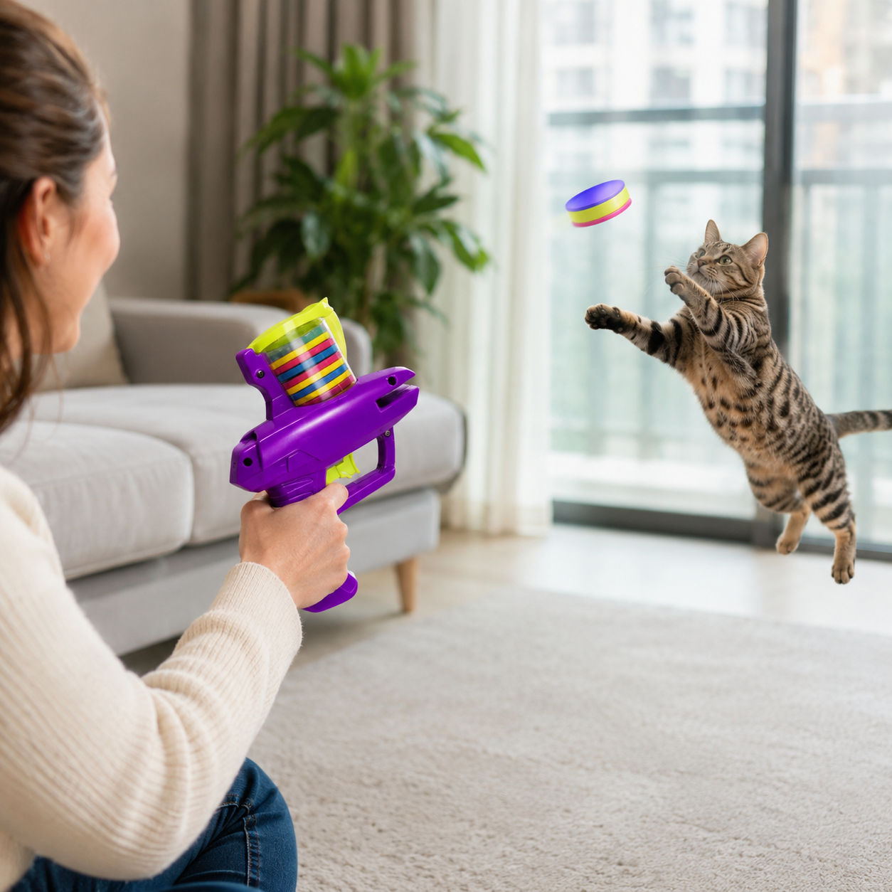 Creative Turnip Disc Launcher Interactive Pet Toy with 15 Reusable Foam Discs - Purple