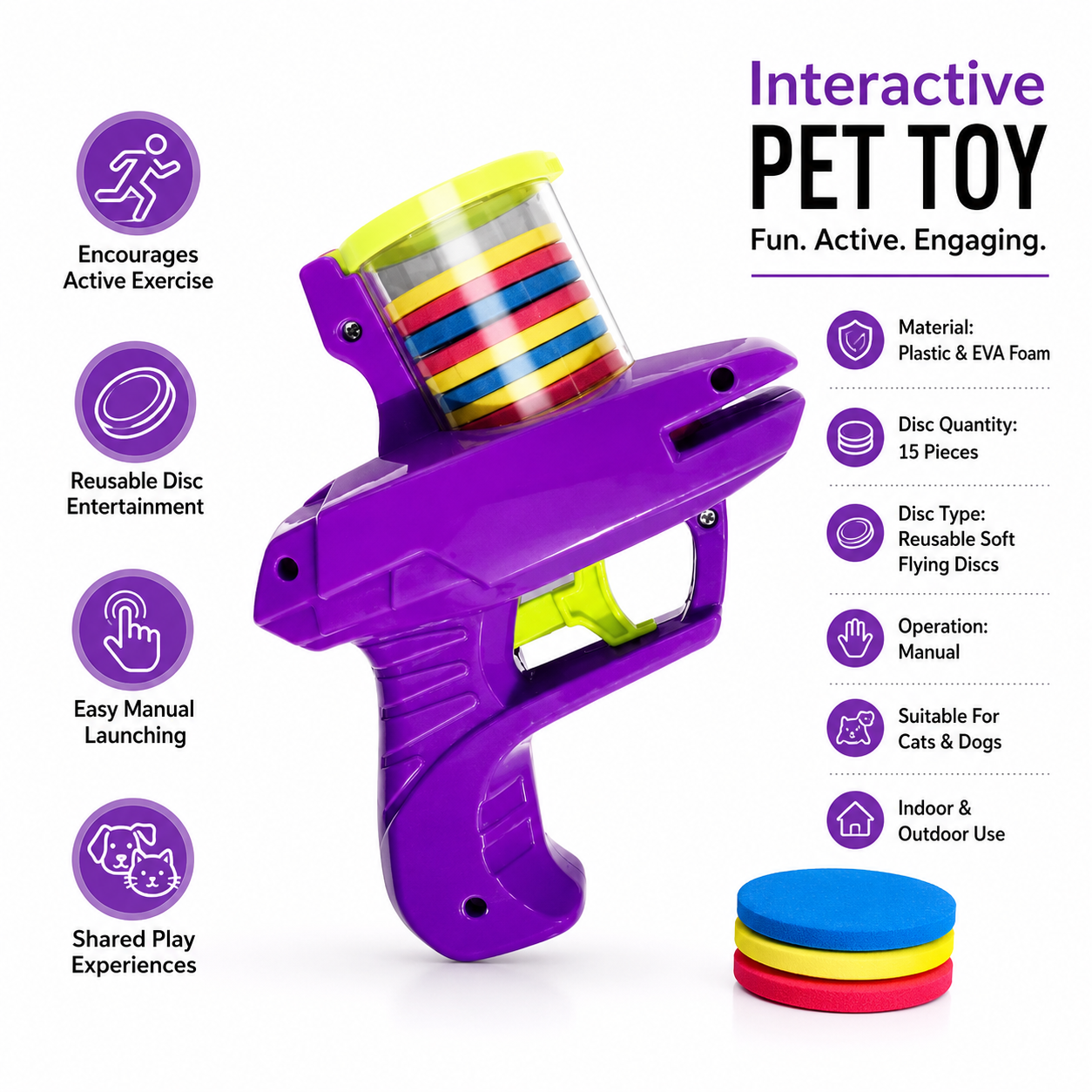 Creative Turnip Disc Launcher Interactive Pet Toy with 15 Reusable Foam Discs - Purple