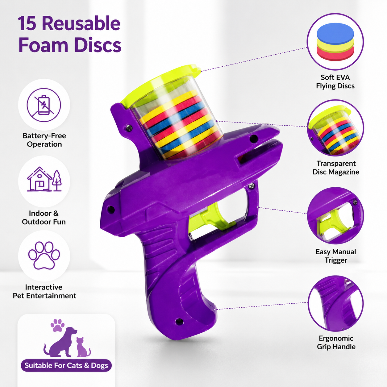Creative Turnip Disc Launcher Interactive Pet Toy with 15 Reusable Foam Discs - Purple
