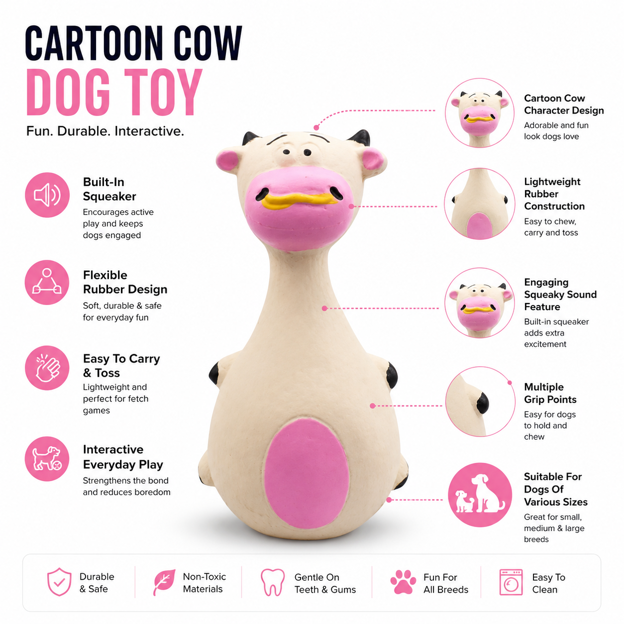 Durable Cartoon Rubber Dog Toy with Built-In Squeaker for Everyday Interactive Play