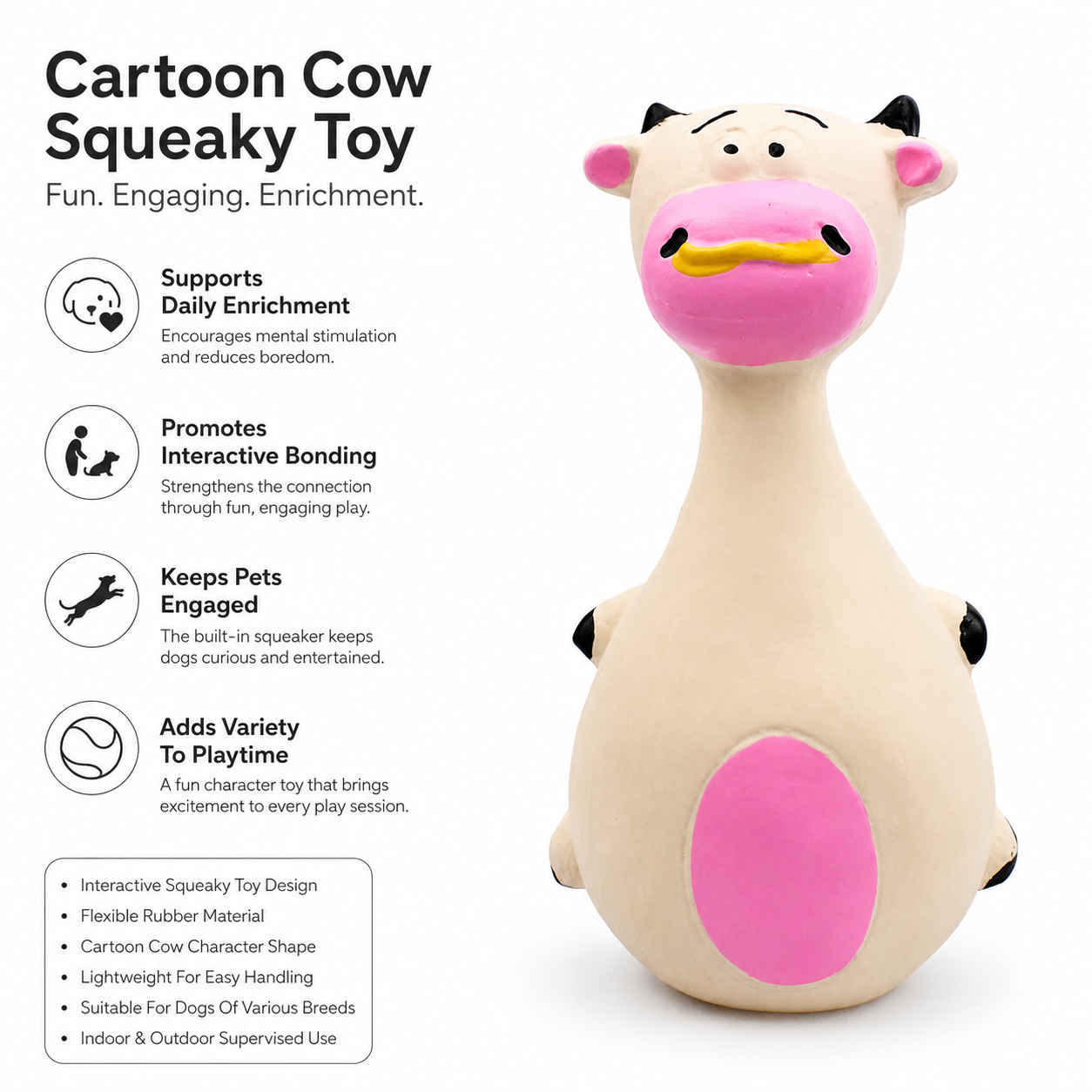 Durable Cartoon Rubber Dog Toy with Built-In Squeaker for Everyday Interactive Play