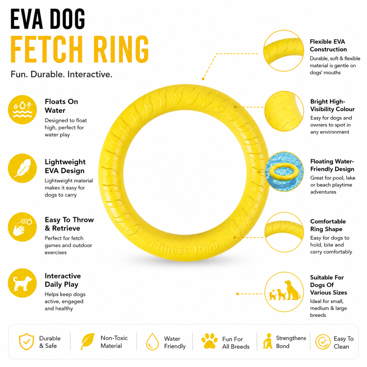 Floating EVA Dog Fetch Ring for Throwing, Catching and Active Play