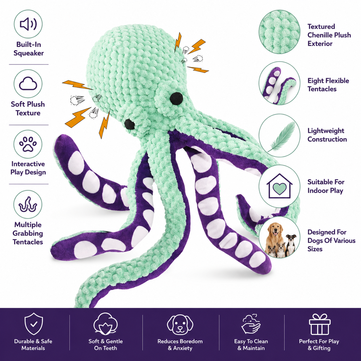 Multi-Texture Octopus Dog Toy with Sound Feature for Interactive Pet Play