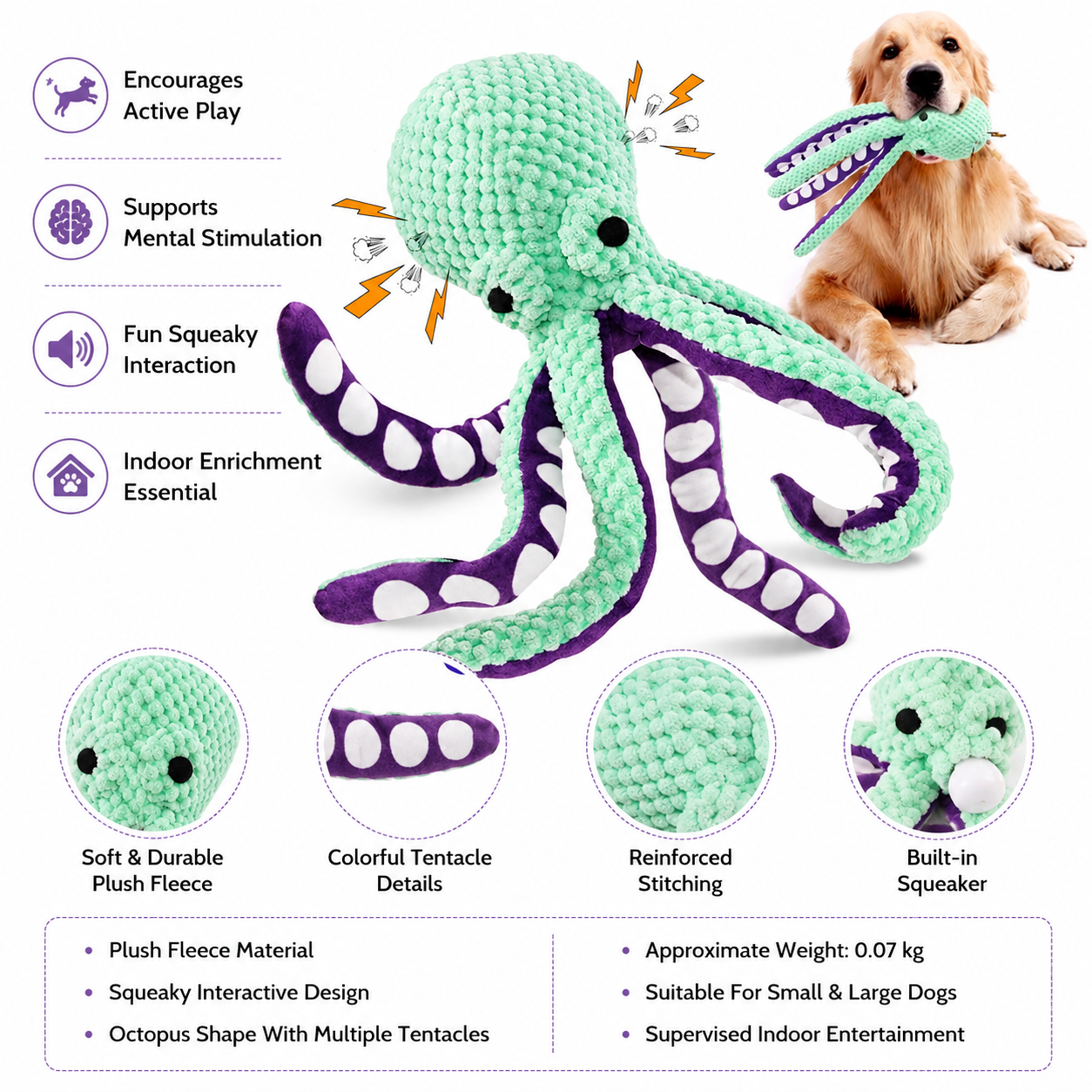 Multi-Texture Octopus Dog Toy with Sound Feature for Interactive Pet Play