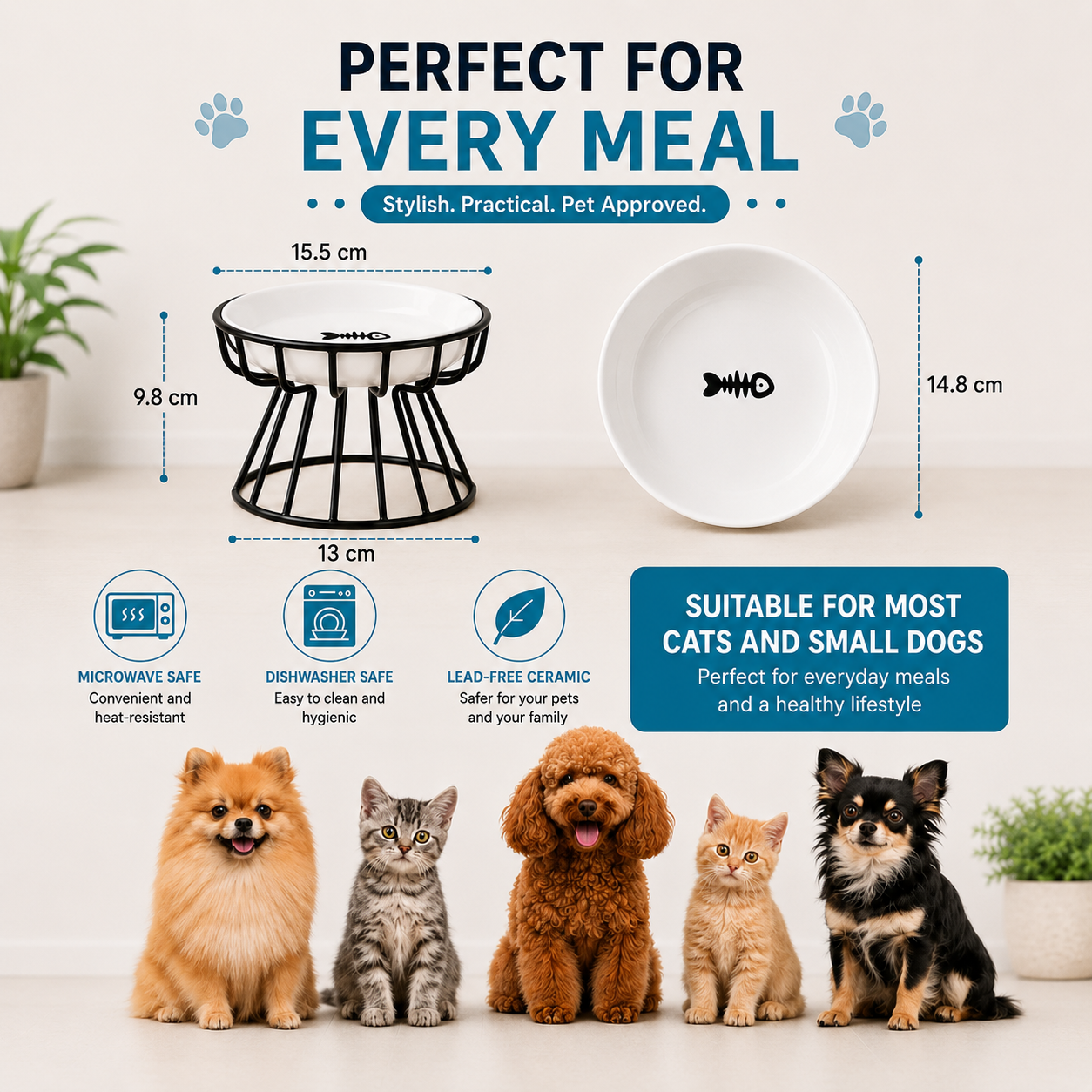 Elevated Ceramic Pet Food Bowl with Iron Stand - Fish Pattern