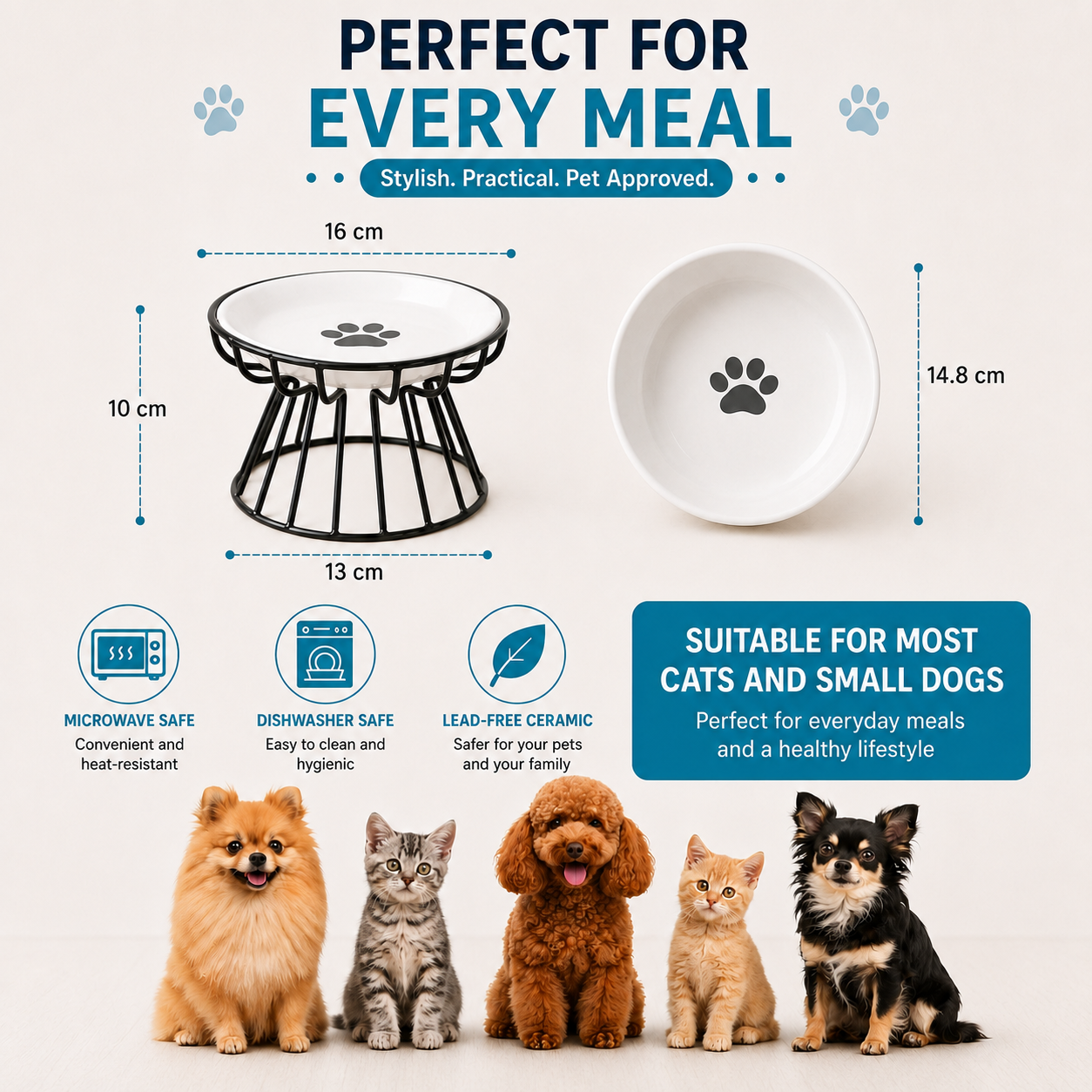 Elevated Ceramic Pet Food and Water Bowl with Iron Stand - Paw Pattern