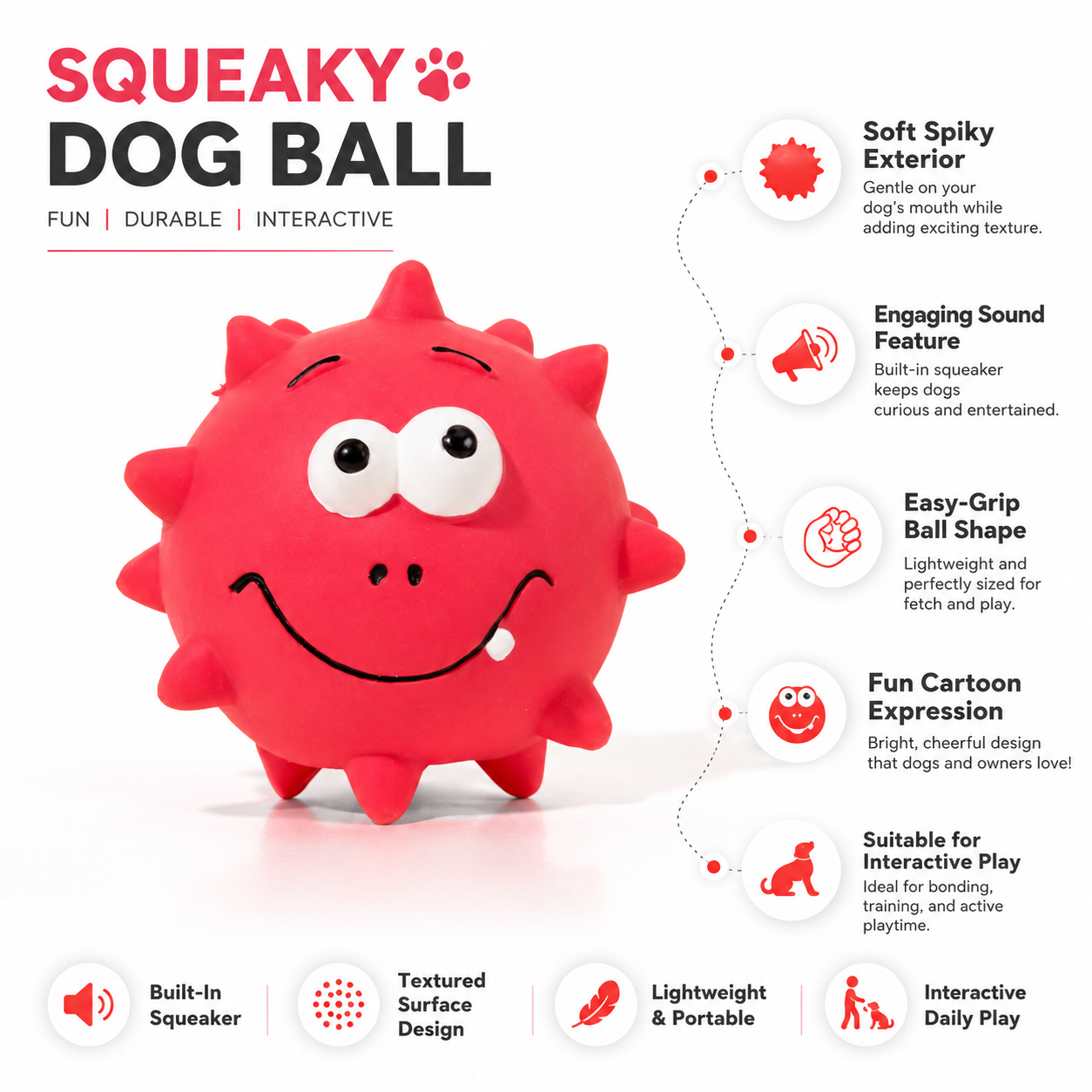 Squeaky Rubber Dog Chew Ball Toy for Interactive Play