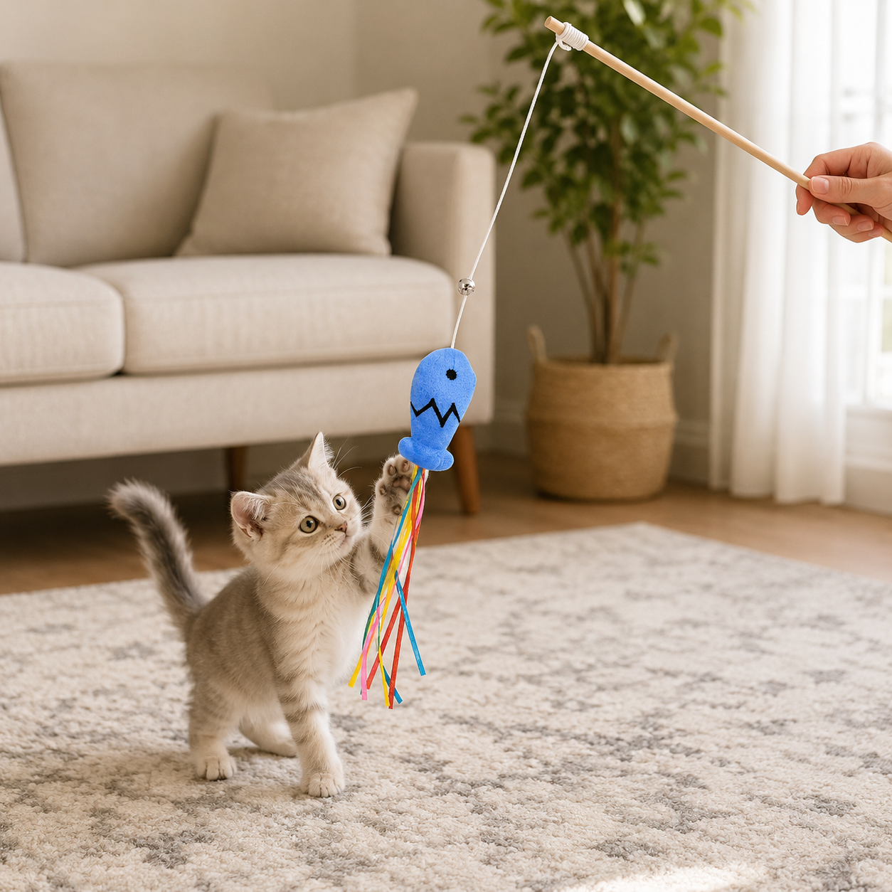 Multi-Function Cat Wand Toy with Bell, Plush Fish and Elastic Pole Design