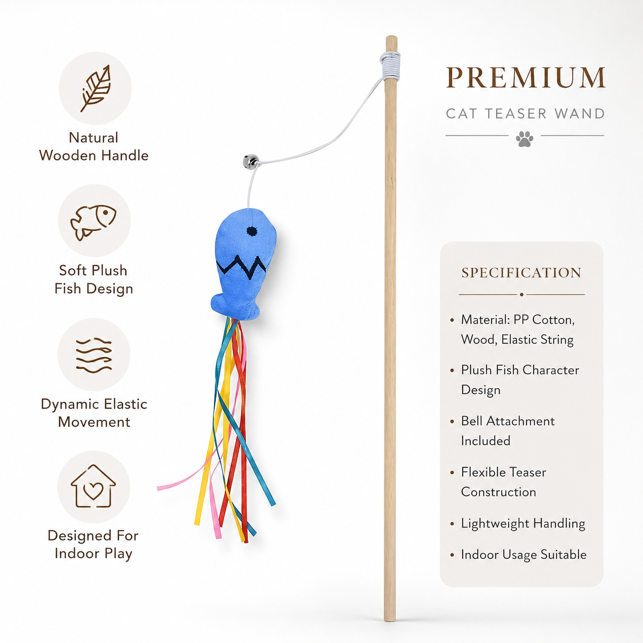 Multi-Function Cat Wand Toy with Bell, Plush Fish and Elastic Pole Design