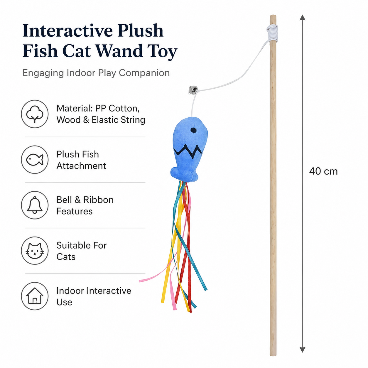 Multi-Function Cat Wand Toy with Bell, Plush Fish and Elastic Pole Design