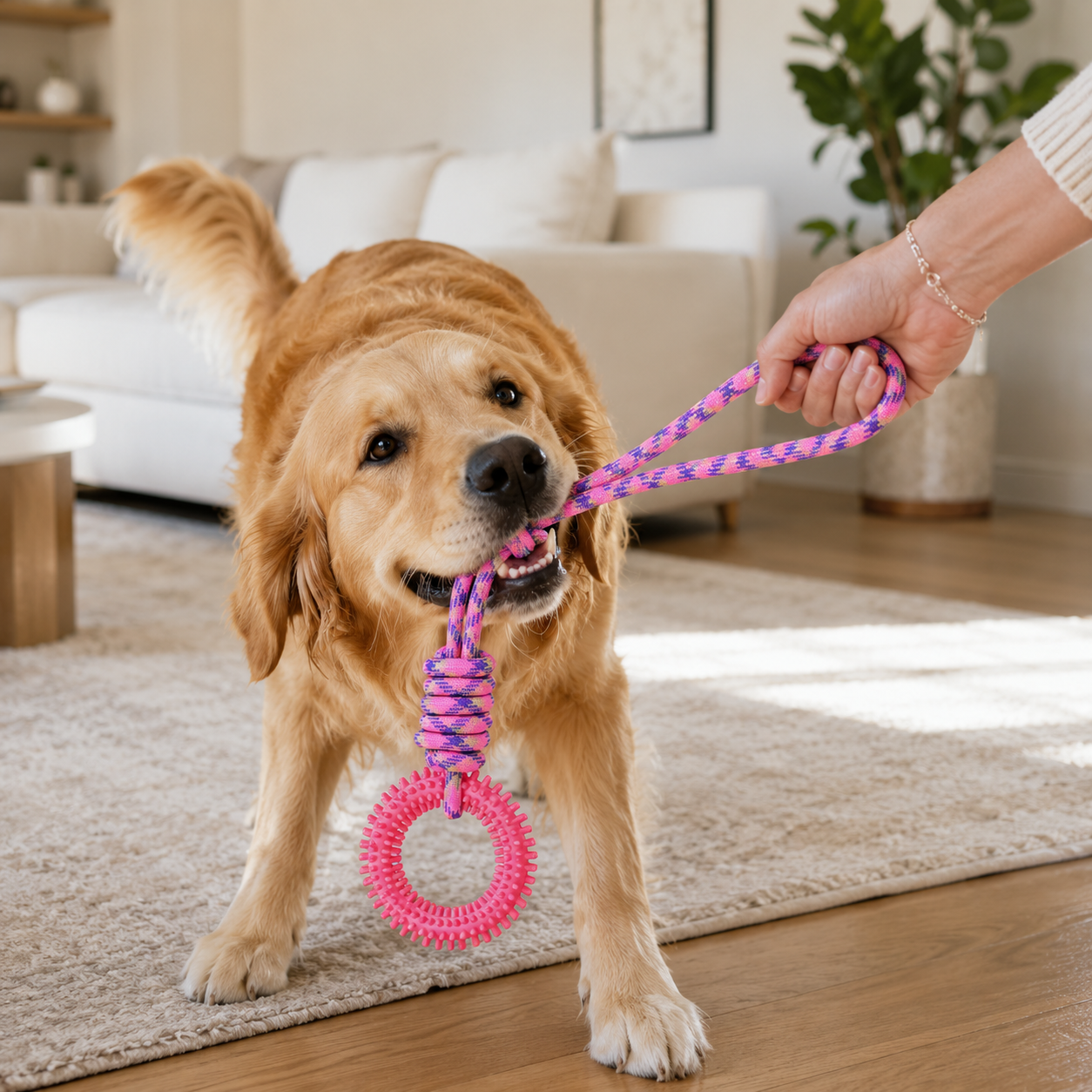 Durable Dog Rope and Rubber Chew Toy for Tug, Fetch and Interactive Play - Pink