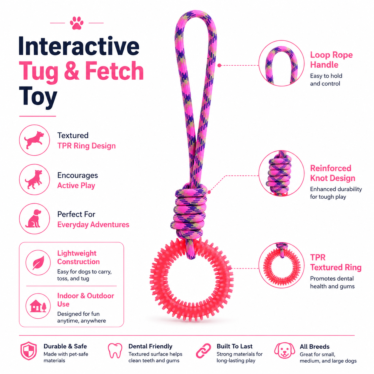 Durable Dog Rope and Rubber Chew Toy for Tug, Fetch and Interactive Play - Pink
